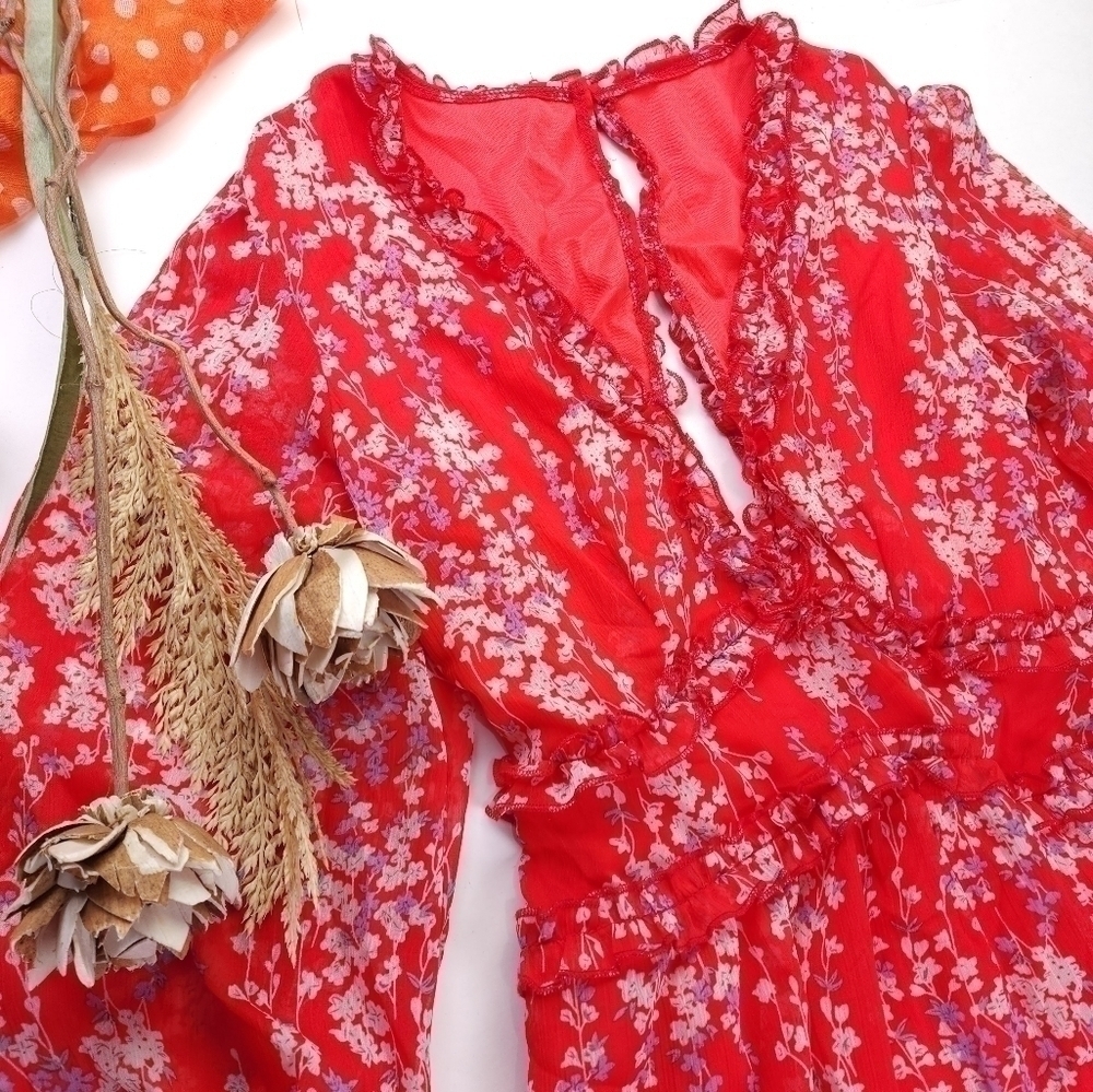 Red Pink Floral Boho Gorgeous Keyhole Back Dress Size M - Picture 2 of 14